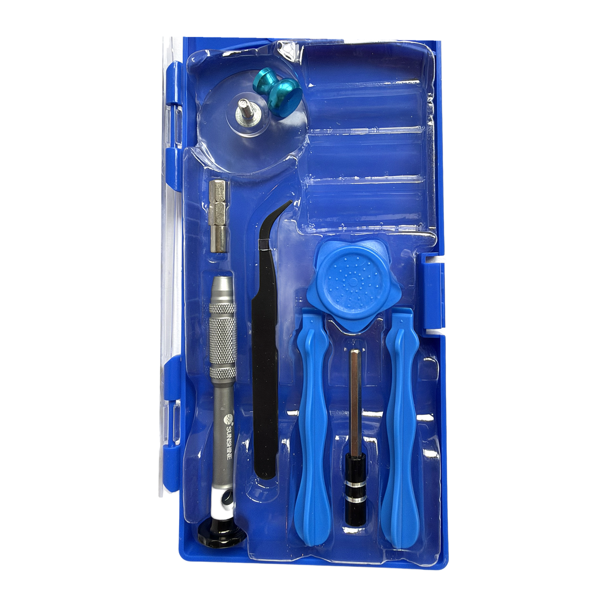 Inhoud van de 26-delige set met handvat, zuignap en openingstools