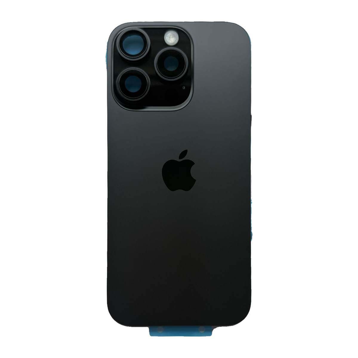 iPhone 15 Pro achterkant in blauw titanium, los glaspaneel met camera-uitsparing en Apple-logo