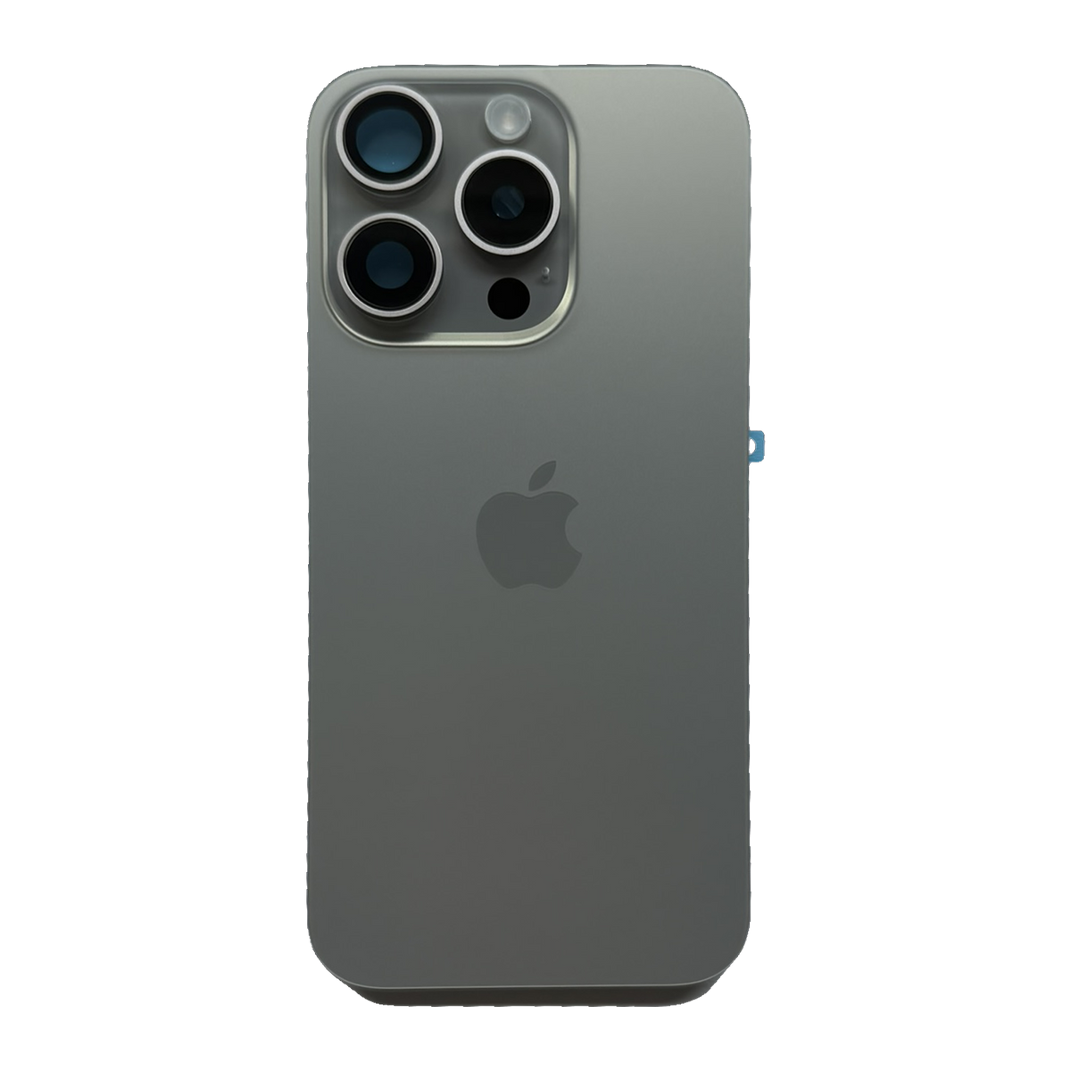 iPhone 15 Pro achterkant in naturel titanium, los glaspaneel met camera-uitsparing en Apple-logo