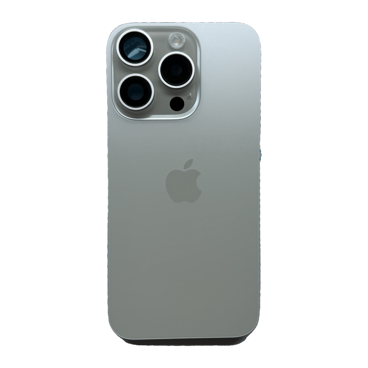 iPhone 15 Pro achterkant in wit titanium, los glaspaneel met camera-uitsparing en Apple-logo