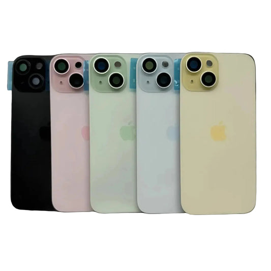 iPhone 15 achterkant glas in zwart, blauw, groen, geel en roze