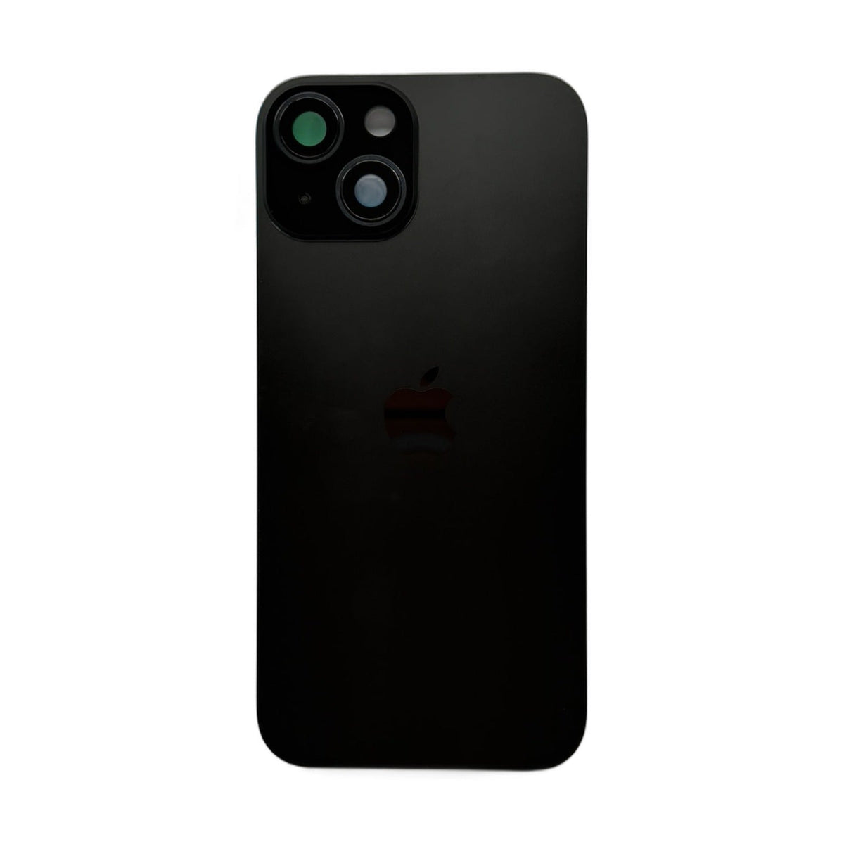 iPhone 15 achterkant in zwart, los glaspaneel met camera-uitsparing en Apple-logo