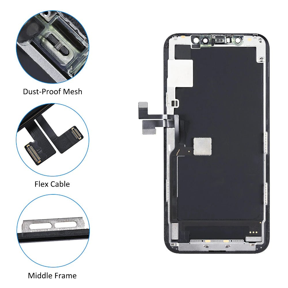 Opbouw van het iPhone 11 Pro Hard OLED scherm: stofgaasje, flexkabel en middenframe