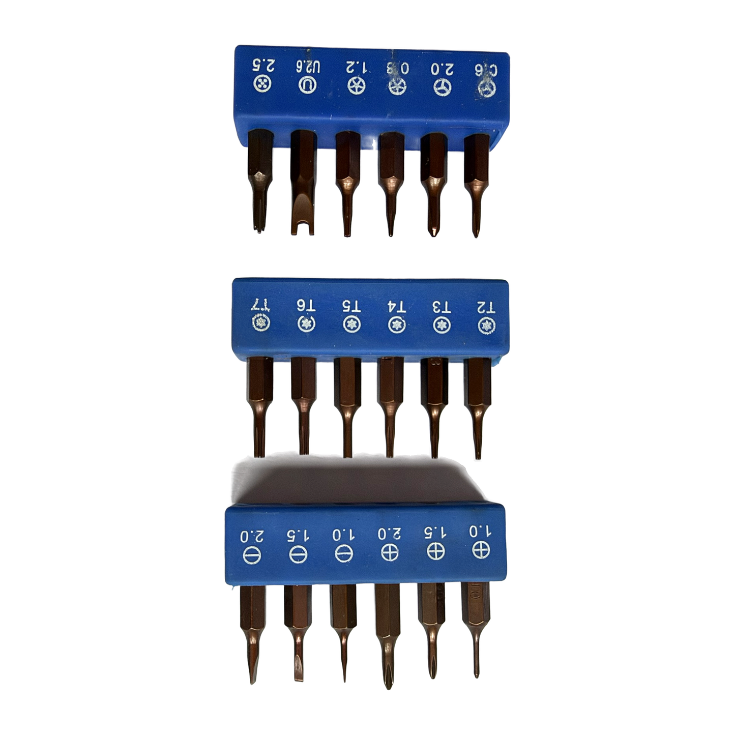De achttien bits in drie klemrails, Torx, kruiskop, platte kop en pentalobe