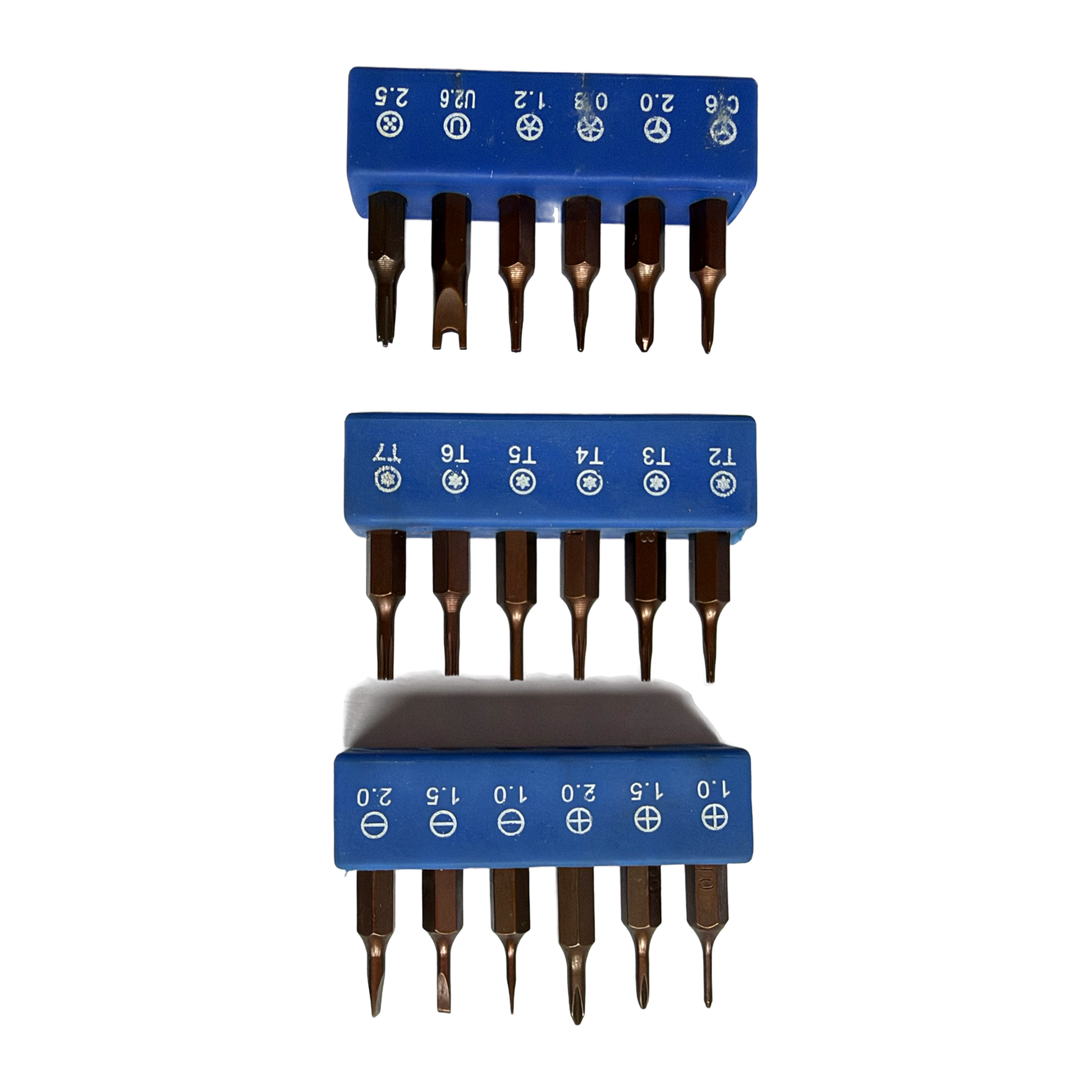 De achttien bits in drie klemrails, Torx, kruiskop, platte kop en pentalobe