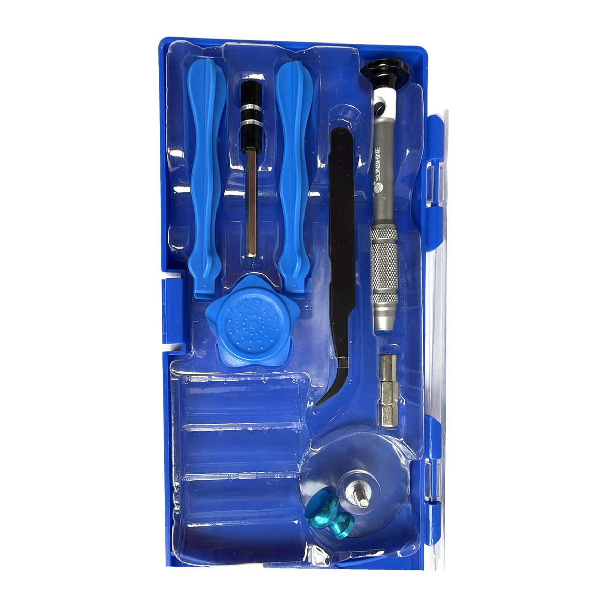 Inhoud van de 26-delige set met handvat, zuignap en openingstools