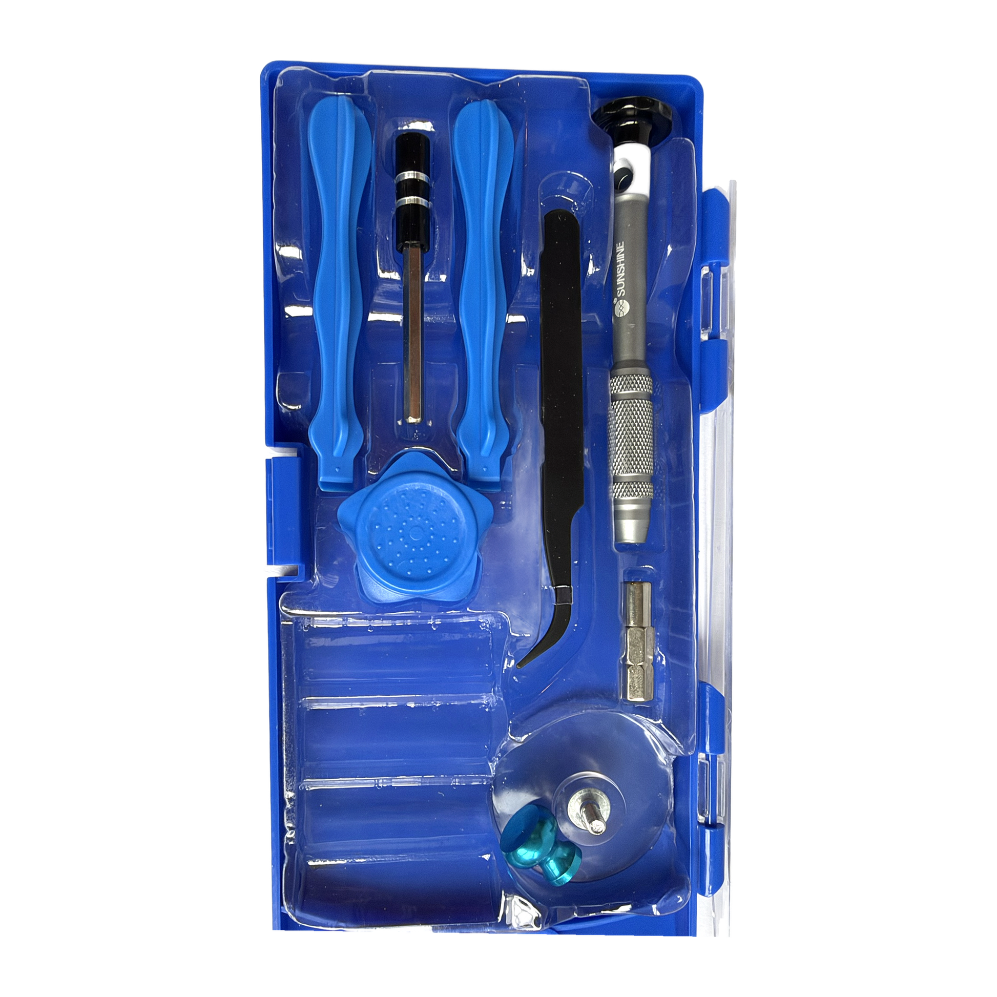 Inhoud van de 26-delige set met handvat, zuignap en openingstools