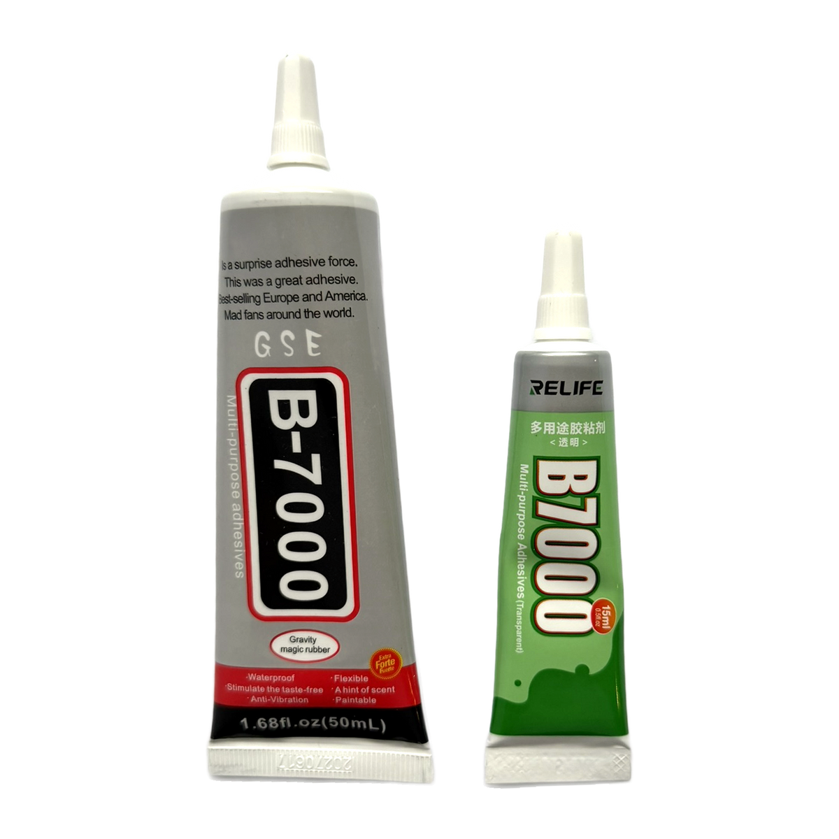 B7000 lijm 15 ml naast de tube van 50 ml, formaatvergelijking