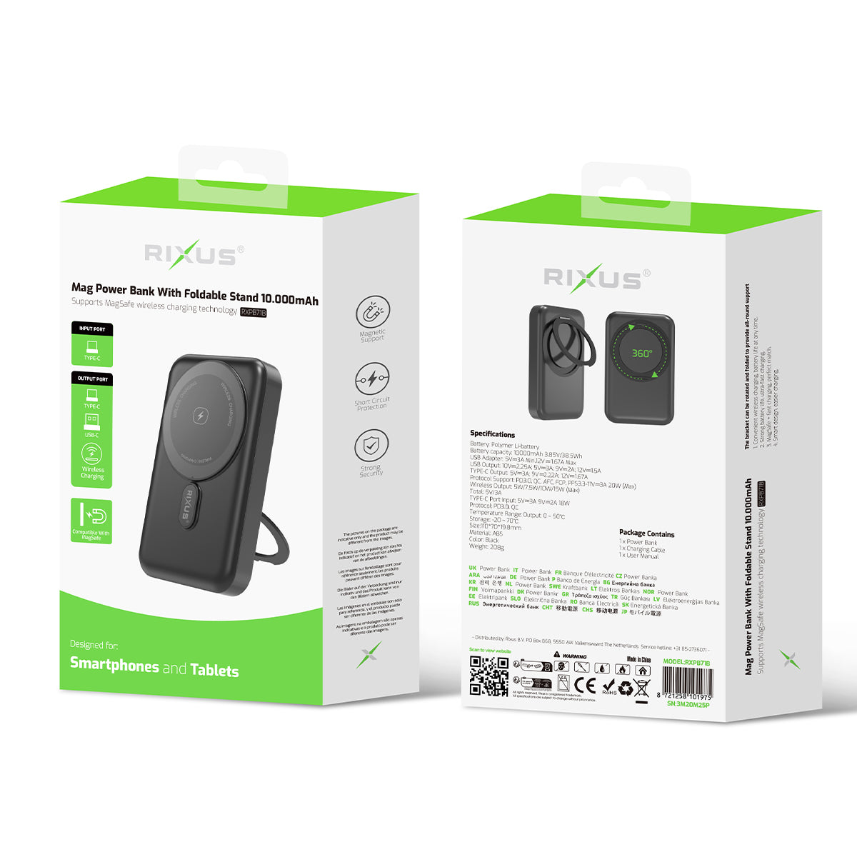 Magnetische powerbank 10.000 mAh met uitklapbare standaard, zwart, productfoto 4
