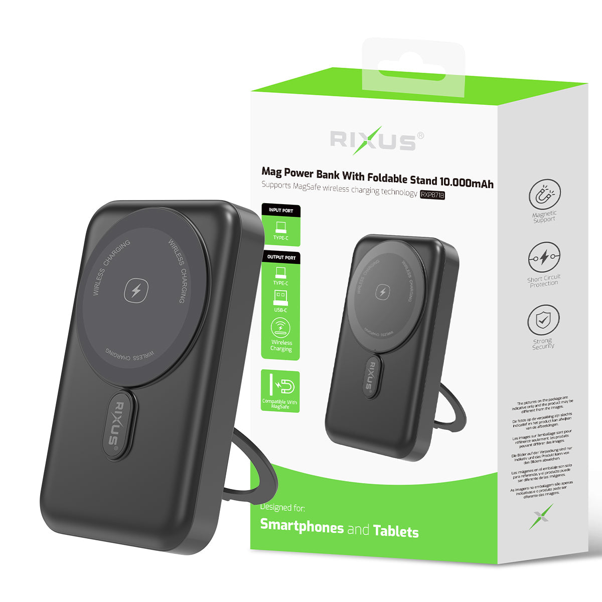 Magnetische powerbank 10.000 mAh met uitklapbare standaard, zwart, productfoto 5
