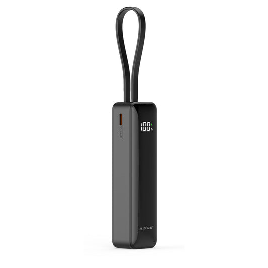 Compacte powerbank 5000 mAh met ingebouwde USB-C-kabel en display, zwart