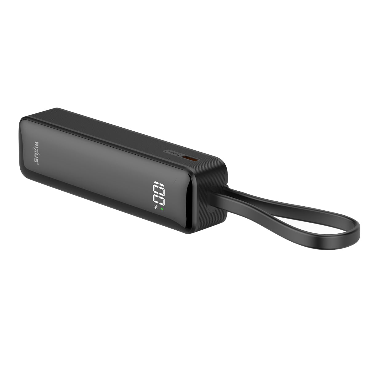 Compacte powerbank 5000 mAh met ingebouwde USB-C-kabel en display, zwart, productfoto 2