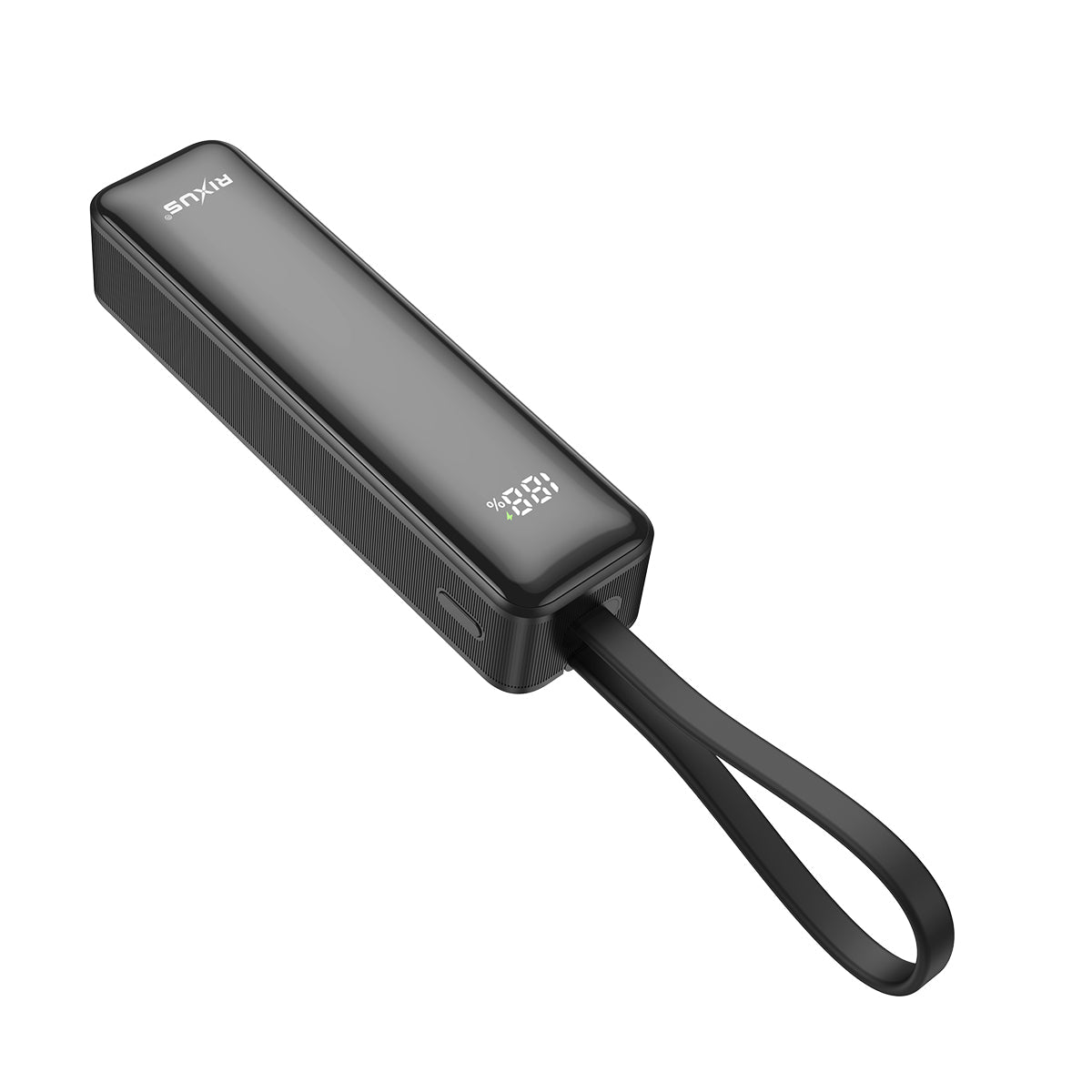 Compacte powerbank 5000 mAh met ingebouwde USB-C-kabel en display, zwart, productfoto 3
