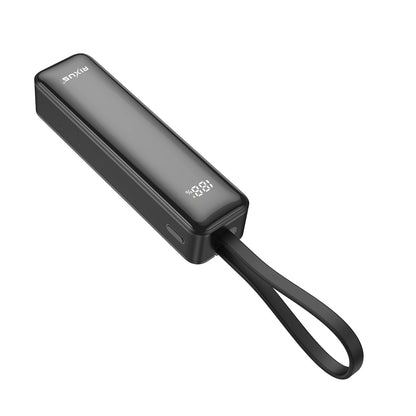 Compacte powerbank 5000 mAh met ingebouwde USB-C-kabel en display, zwart, productfoto 3