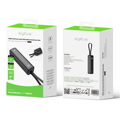 Compacte powerbank 5000 mAh met ingebouwde USB-C-kabel en display, zwart, productfoto 4