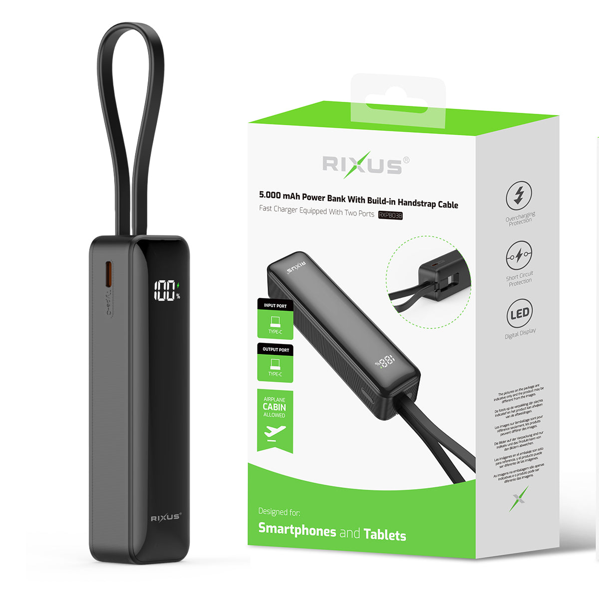 Compacte powerbank 5000 mAh met ingebouwde USB-C-kabel en display, zwart, productfoto 5