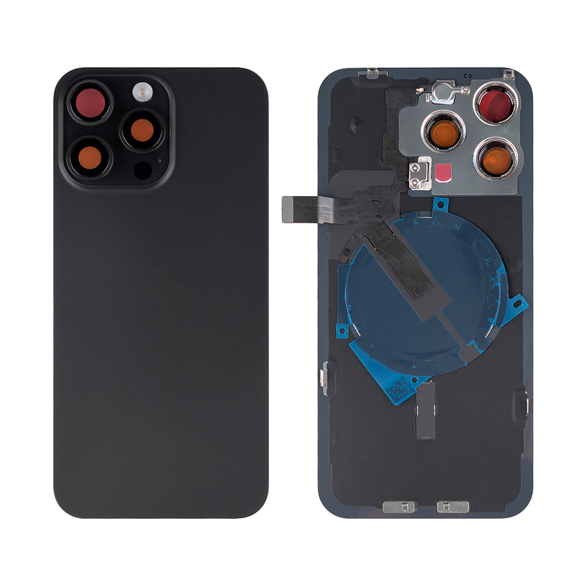 iPhone 15 Pro Max achterkant met laadspoel en NFC in zwart titanium, derde productfoto