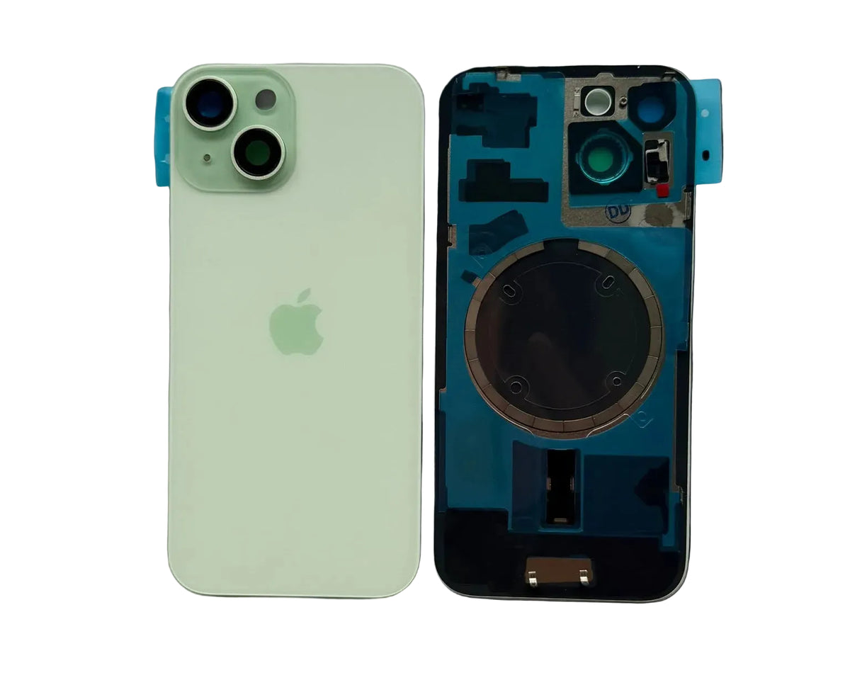 iPhone 15 achterkant glas groen, buitenzijde en binnenzijde met gemonteerde cameralens en magneetring