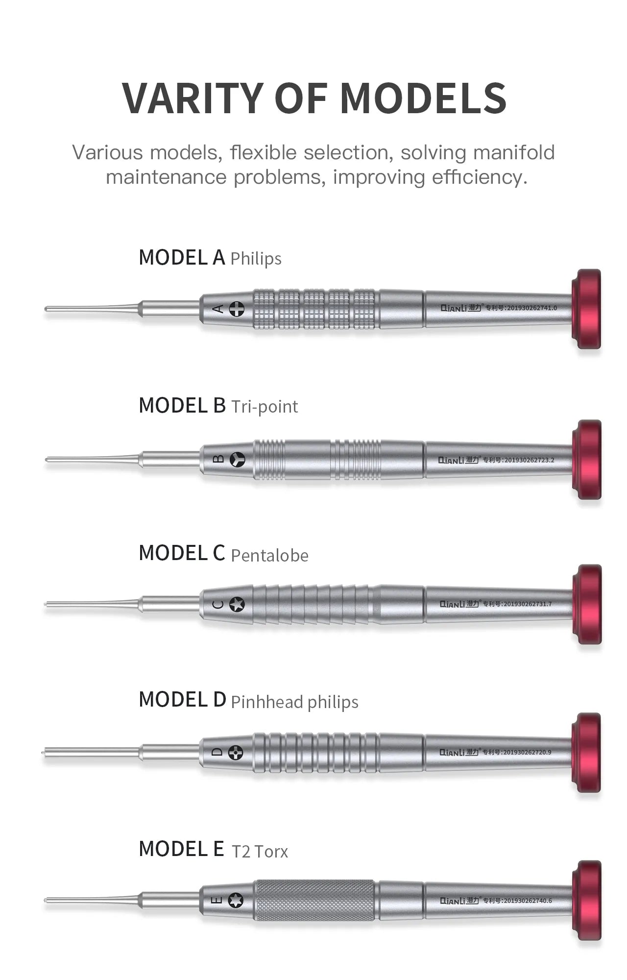 De vijf punten van de Qianli Mega-Idea 2D iFlying set: pentalobe 0,8, tri-point Y0,6, kruiskop 1,5, standoff 2,5 en Torx T2