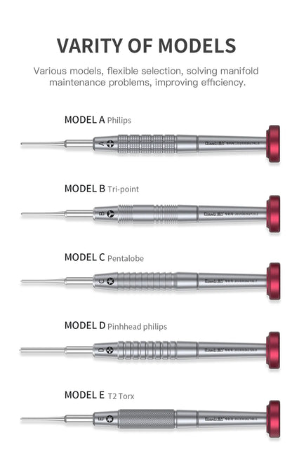 De vijf punten van de Qianli Mega-Idea 2D iFlying set: pentalobe 0,8, tri-point Y0,6, kruiskop 1,5, standoff 2,5 en Torx T2