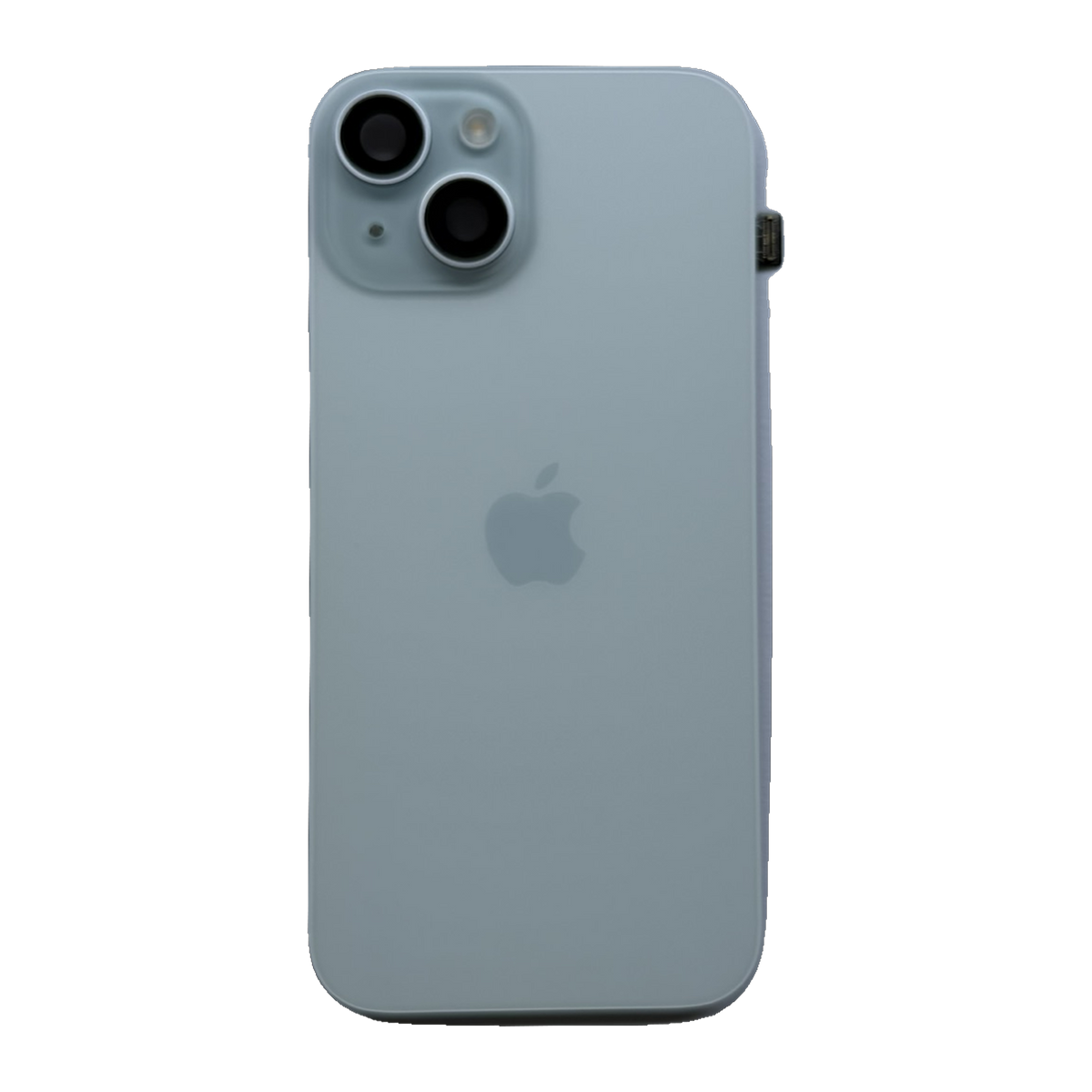 iPhone 15 achterkant in blauw, los glaspaneel met camera-uitsparing en Apple-logo