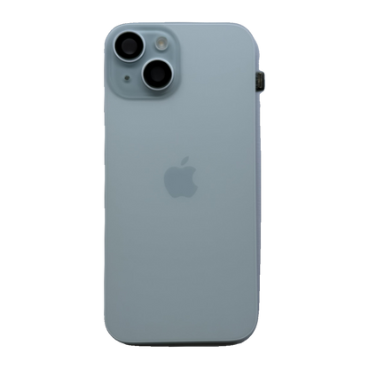 iPhone 15 achterkant in blauw, los glaspaneel met camera-uitsparing en Apple-logo