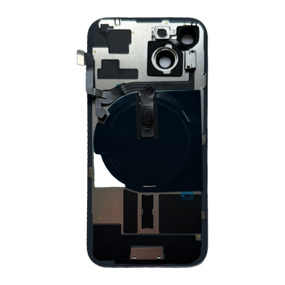 Binnenkant van de iPhone 15 achterkant met voorgemonteerde draadloze laadspoel, NFC-antenne en flexkabel