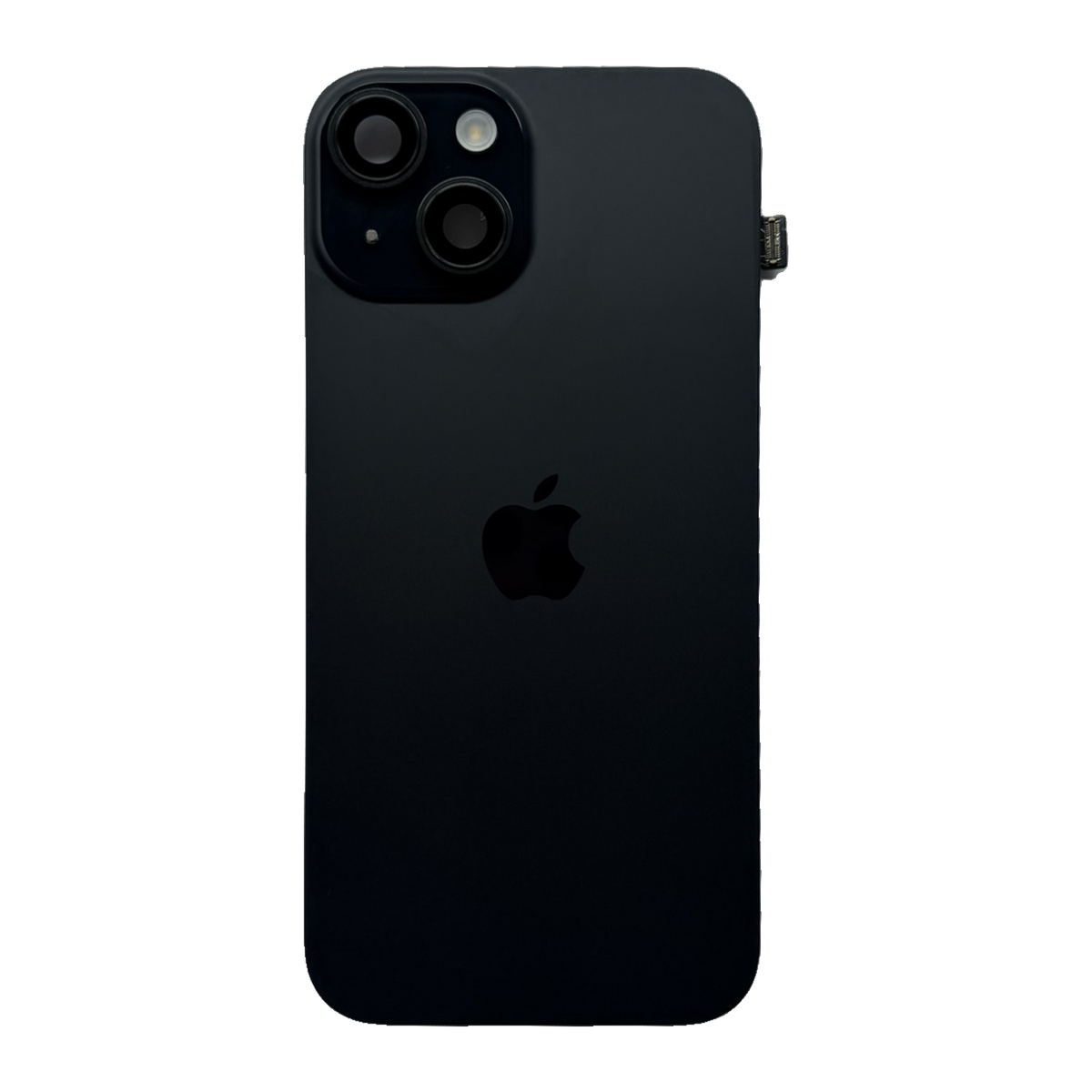 iPhone 15 achterkant in zwart, los glaspaneel met camera-uitsparing en Apple-logo