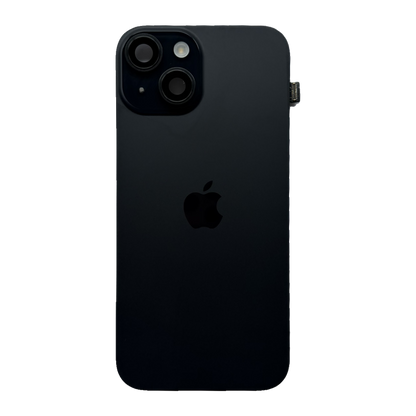 iPhone 15 achterkant in zwart, los glaspaneel met camera-uitsparing en Apple-logo