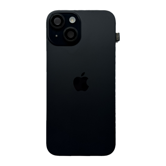iPhone 15 achterkant in zwart, los glaspaneel met camera-uitsparing en Apple-logo