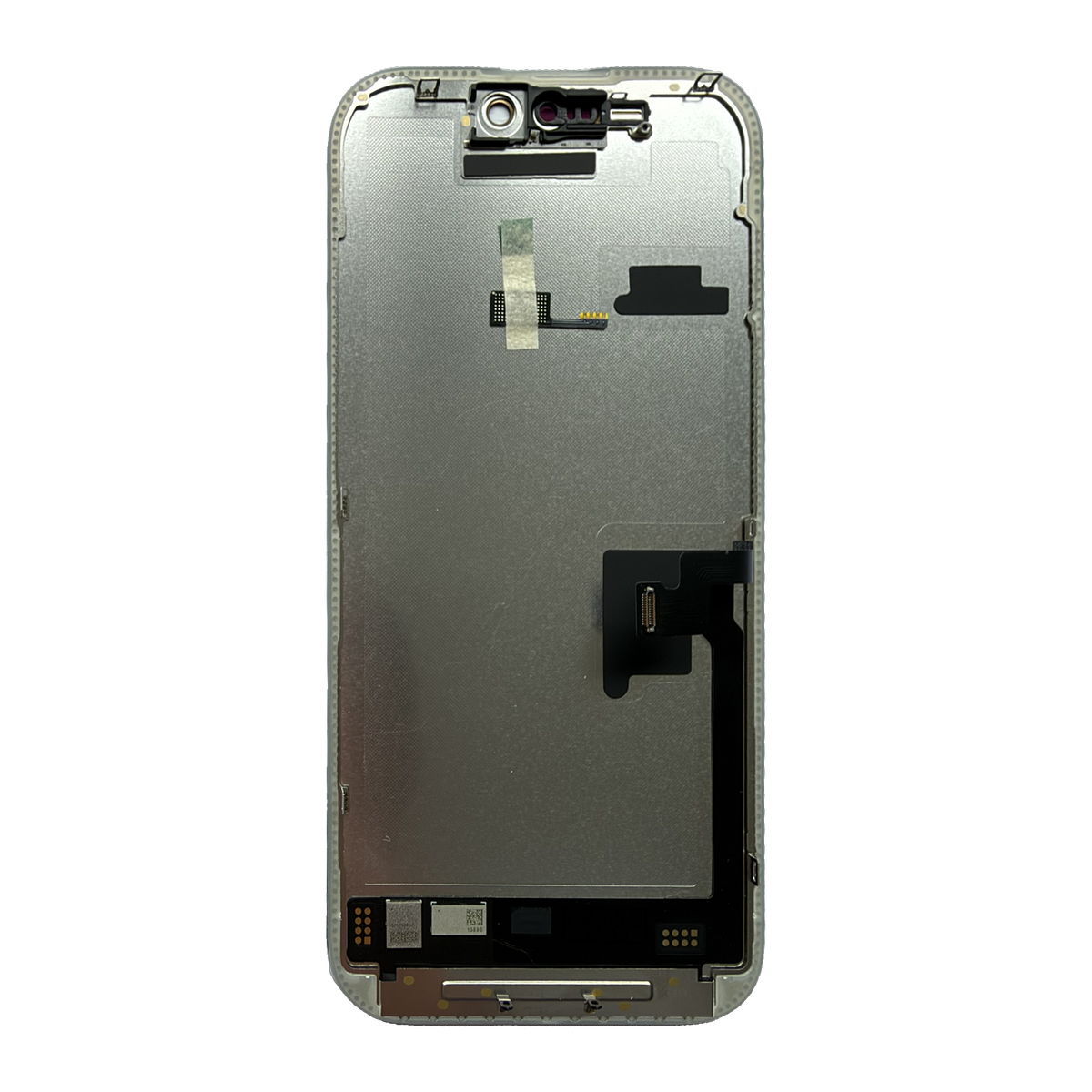 Achterzijde van het iPhone 16 Pro scherm met metalen achterplaat, sensorflex en displayconnector