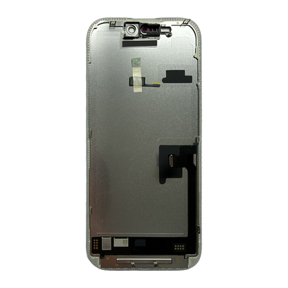 Achterzijde van het iPhone 16 Pro scherm met metalen achterplaat, sensorflex en displayconnector