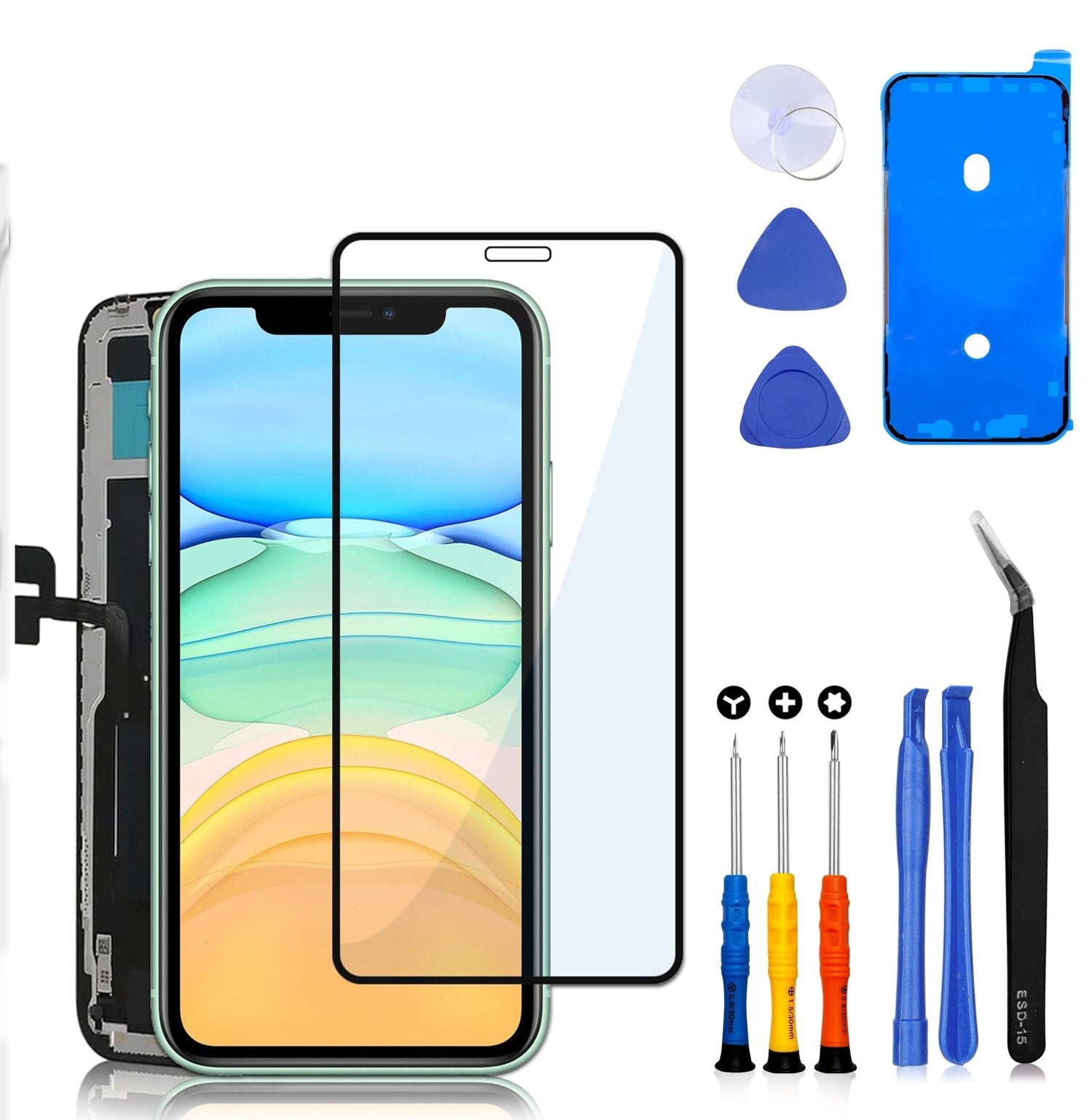 Complete iPhone 11 schermset met screenprotector, framesticker en reparatiegereedschap