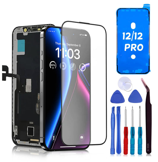 Complete iPhone 12 en 12 Pro LCD scherm reparatieset met framesticker, screenprotector en gereedschap