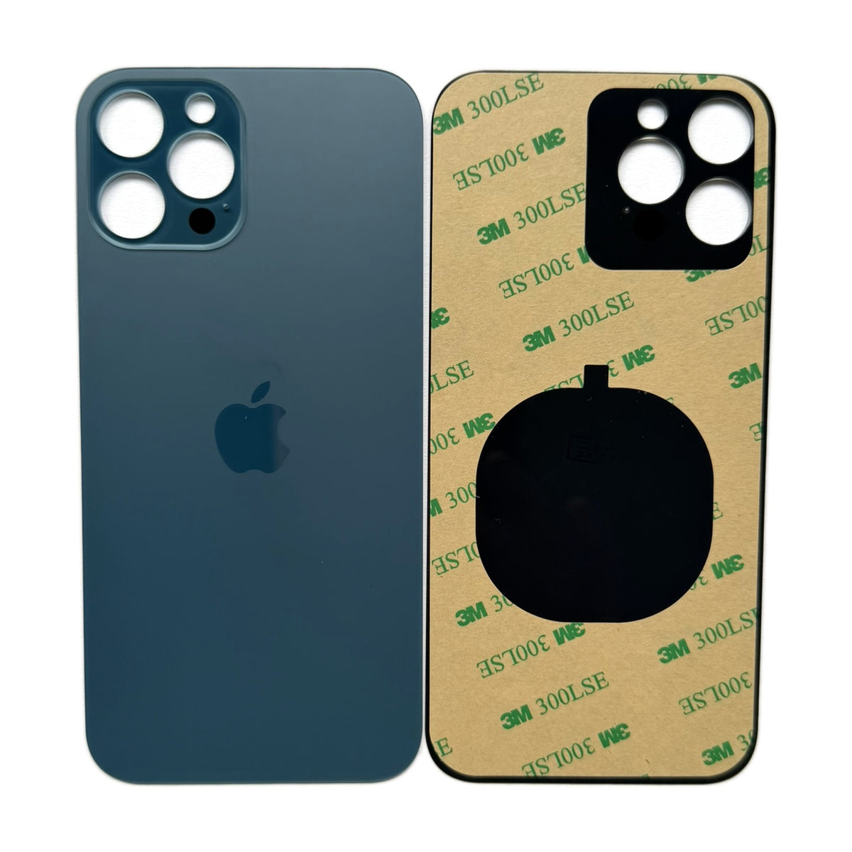 Achterkant en voorkant van het iPhone 12 Pro Max glas met 3M plaksticker en uitsparing voor de laadspoel