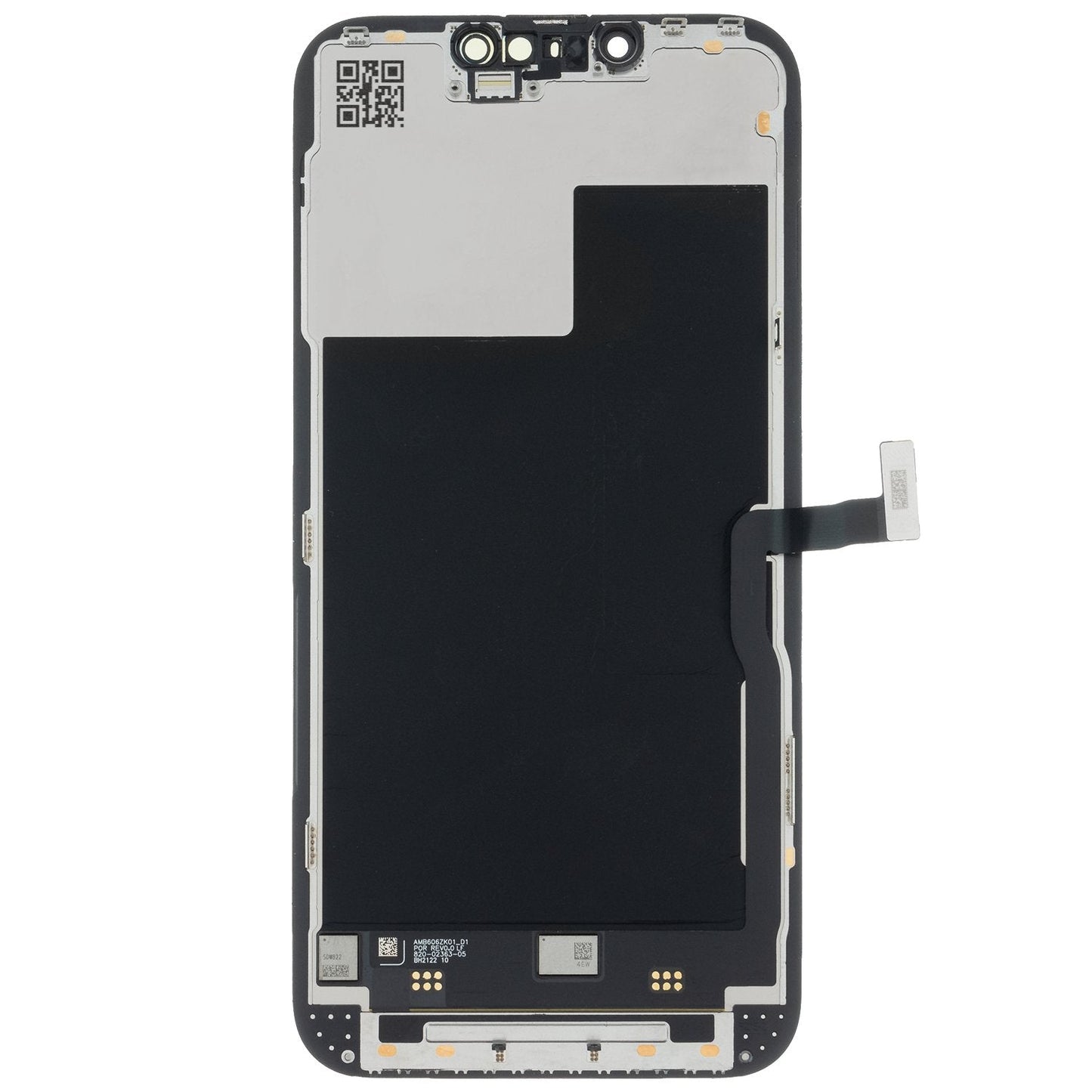 Achterzijde iPhone 13 LCD scherm met flex kabels en voorgemonteerde sensorhouder