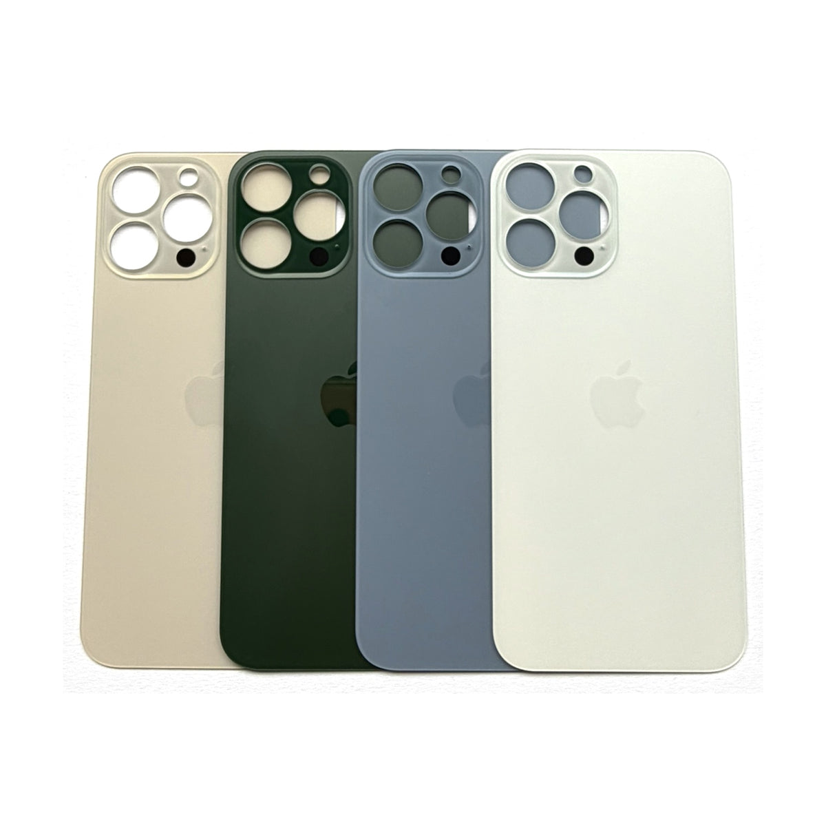 iPhone 13 Pro Max achterkant glas in goud, alpine groen, sierrablauw en zilver
