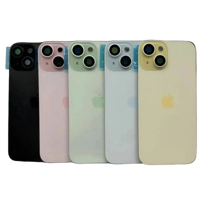 iPhone 15 achterkant glas in zwart, blauw, groen, geel en roze