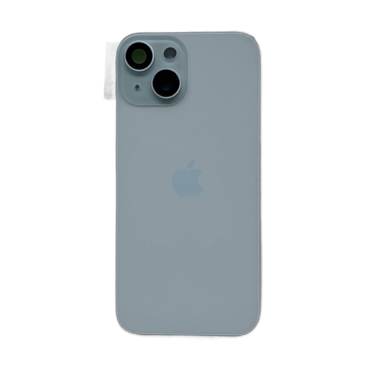 iPhone 15 achterkant in blauw, los glaspaneel met camera-uitsparing en Apple-logo