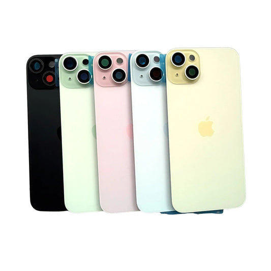 iPhone 15 Plus achterkant glas in zwart, blauw, groen, geel en roze