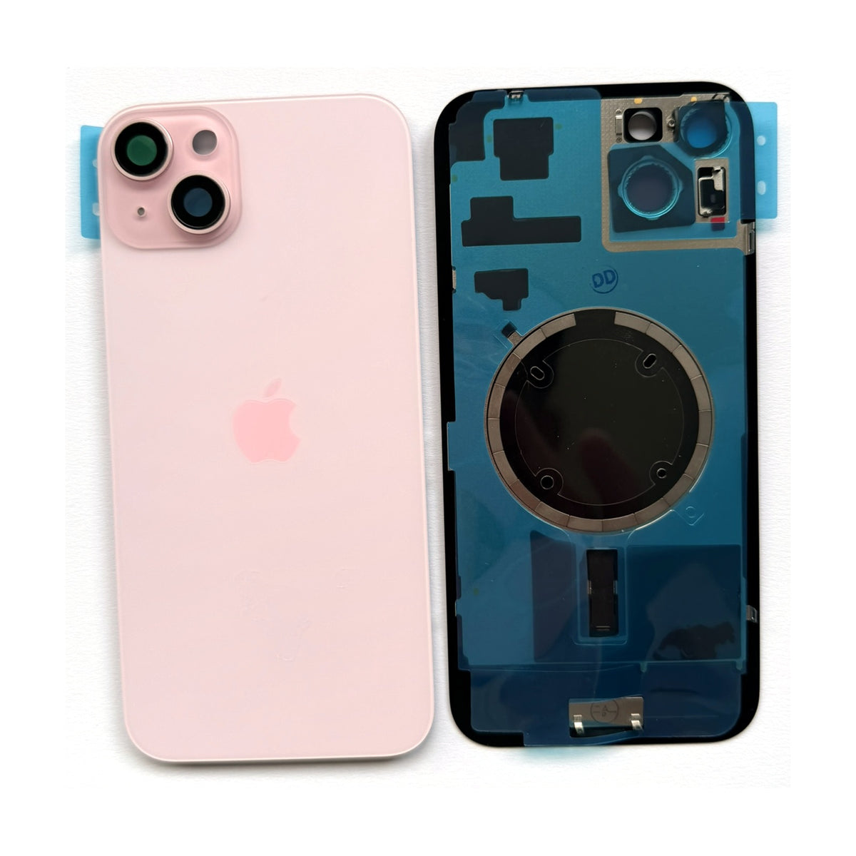 Binnenzijde van het iPhone 15 Plus achterkant glas met plaklaag en uitsparing voor de laadspoel