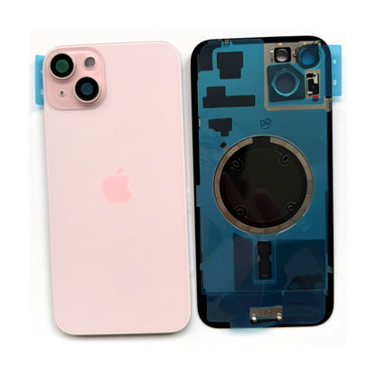 Binnenzijde van het iPhone 15 Plus achterkant glas met plaklaag en uitsparing voor de laadspoel