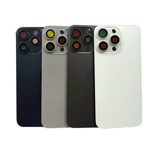 De vier kleuren van het iPhone 15 Pro Max achterkant glas naast elkaar
