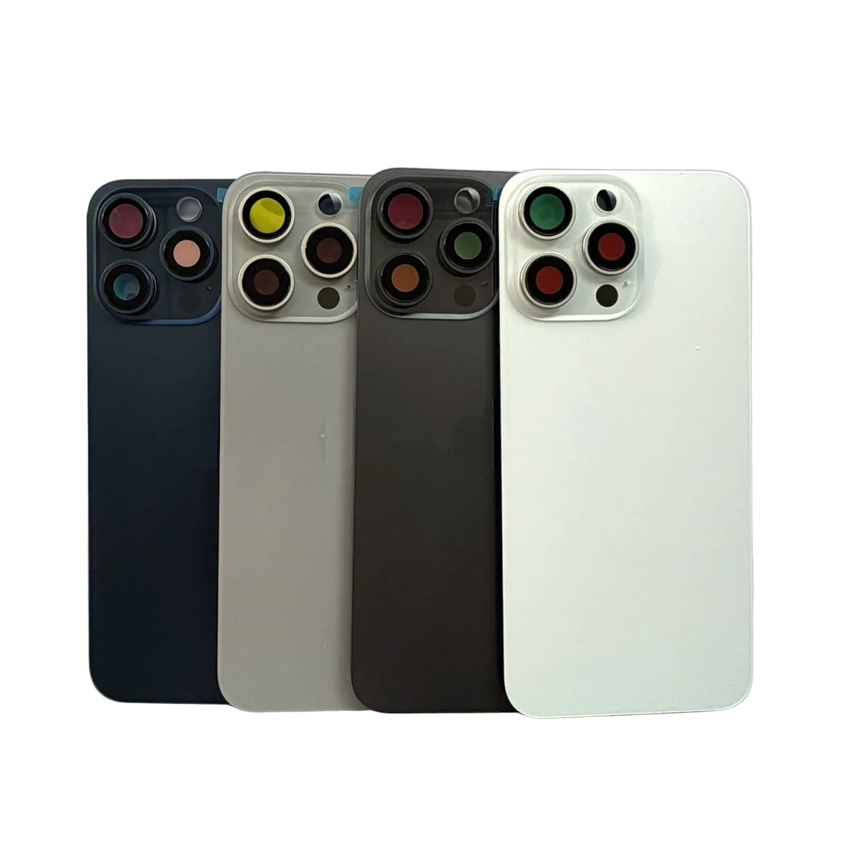 iPhone 15 Pro Max achterkant glas in zwart, wit, blauw en naturel titanium