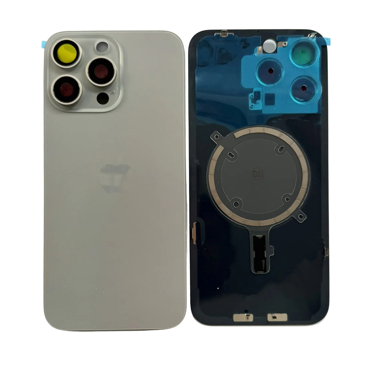 Binnenzijde van het iPhone 15 Pro Max achterkant glas met plaklaag en uitsparing voor de laadspoel
