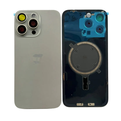 Binnenzijde van het iPhone 15 Pro Max achterkant glas met plaklaag en uitsparing voor de laadspoel